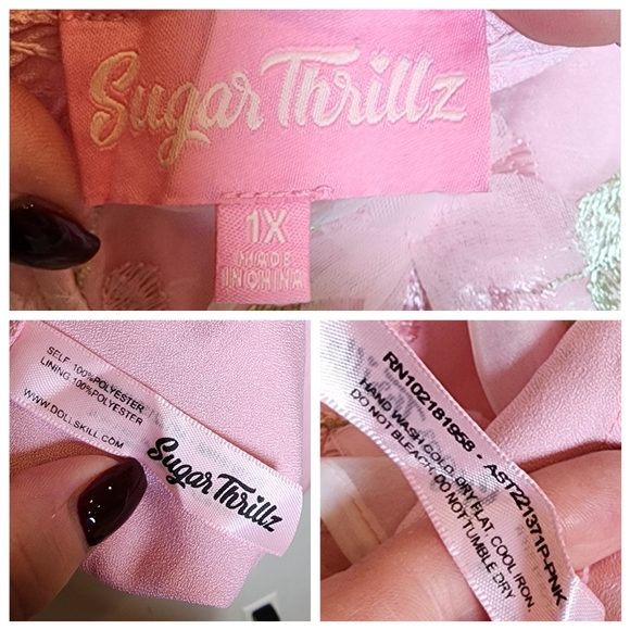 Sugar Thrillz 3D Floral Pink Green Puff Sleeve Mini Dress Size 1X Fairy Coquette - Picture 5 of 16